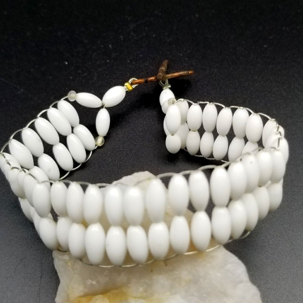 Native bone white beaded multi tier bracelet. B312